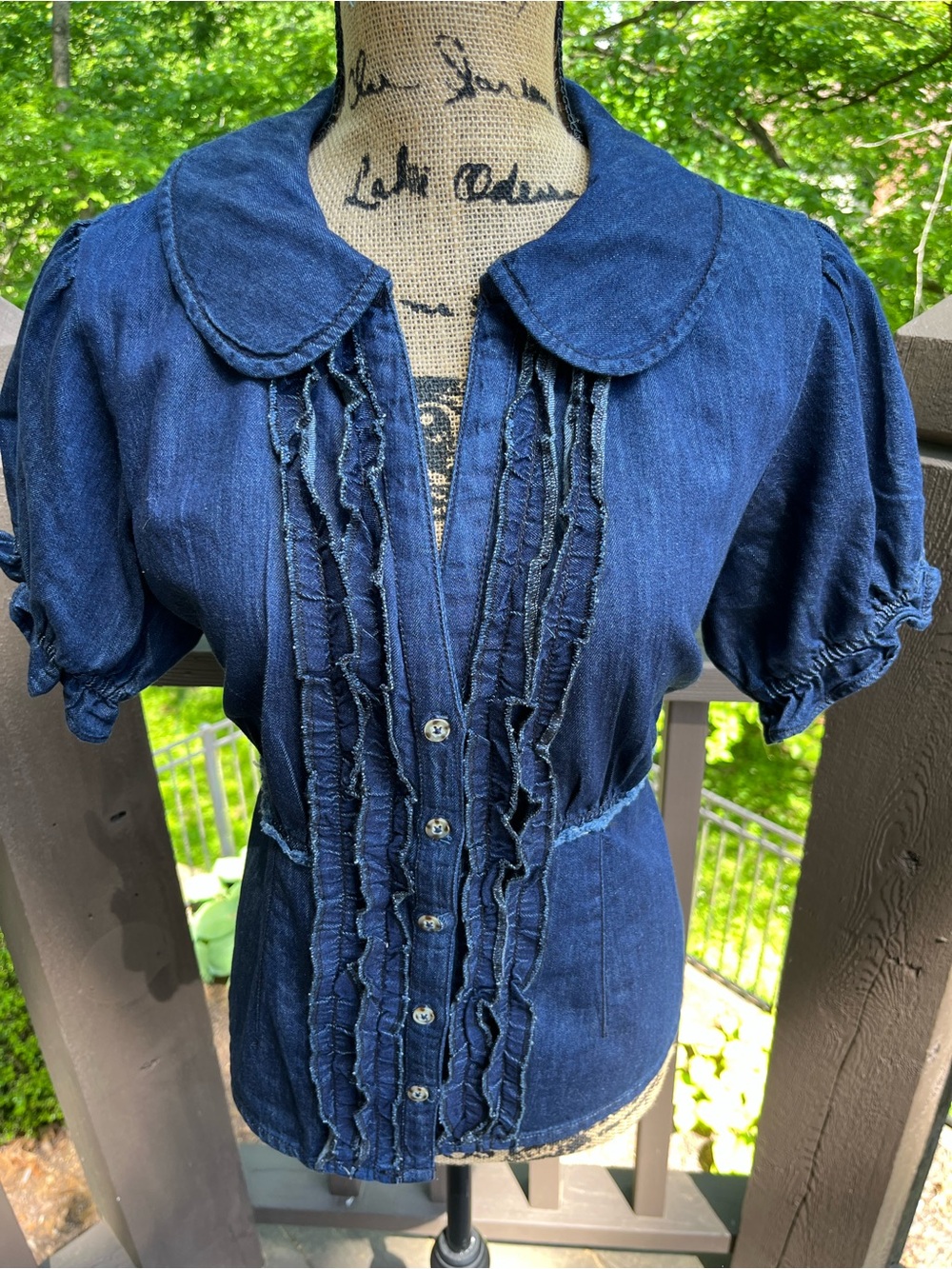 Anthropologie Dark Denim Ruffled Button-Front Blouse - Picture 3 of 6